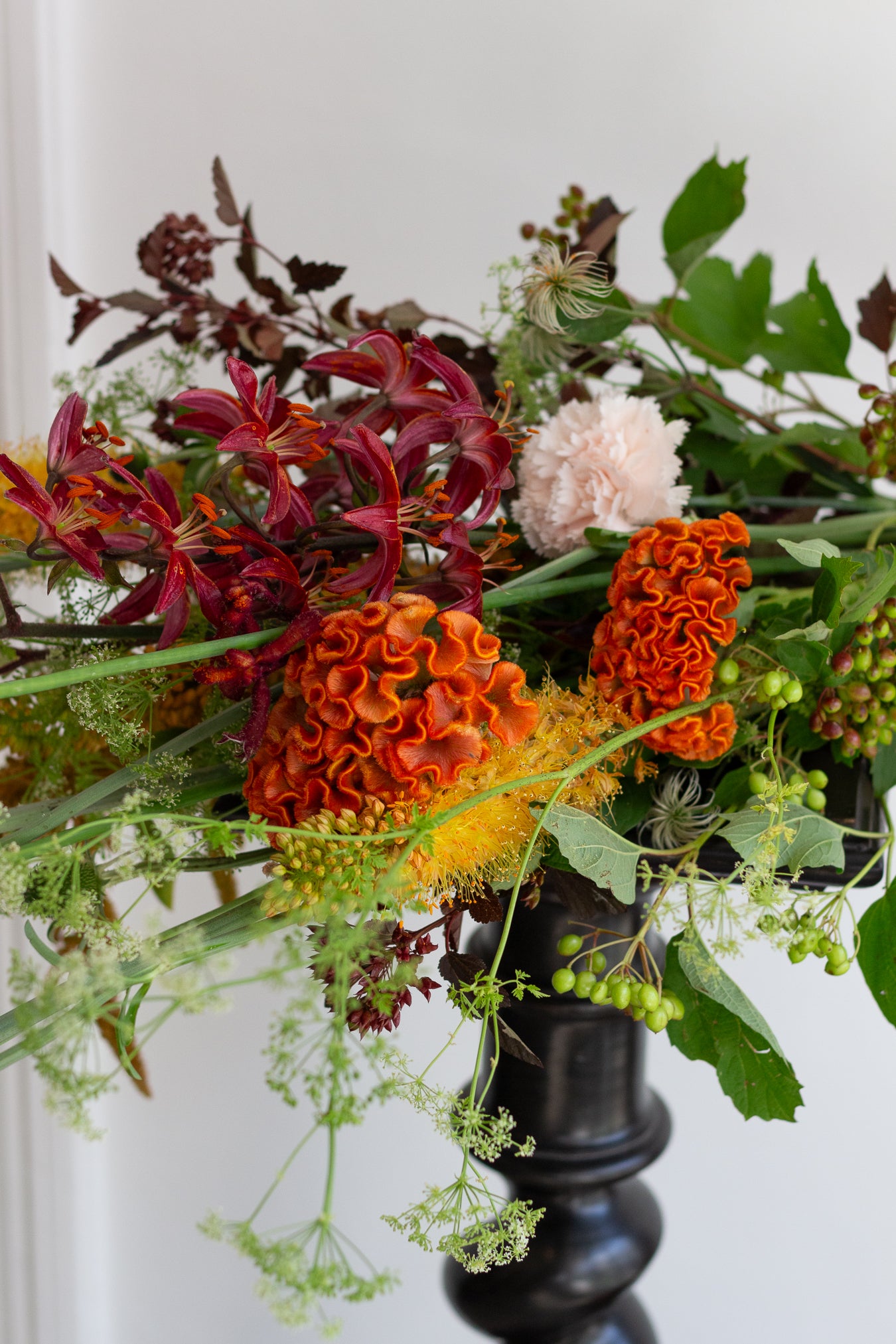 Colorful floral arrangement with red, orange, and green flowers in a black vase against a white background